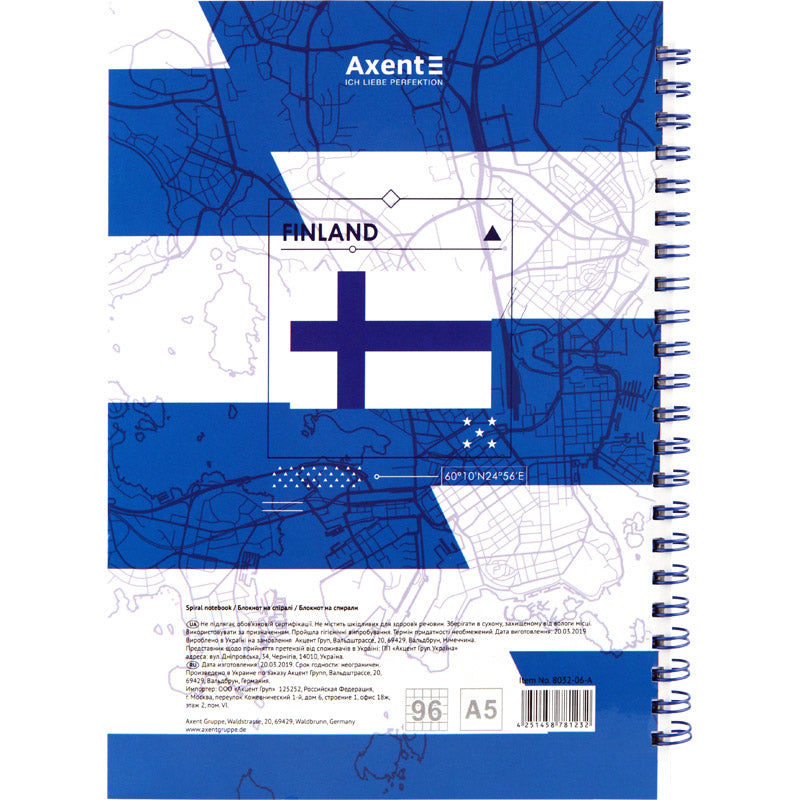 Spiral notebook Axent Flags Helsinki 8032-06-A, A5, 96 sheets, hard cover