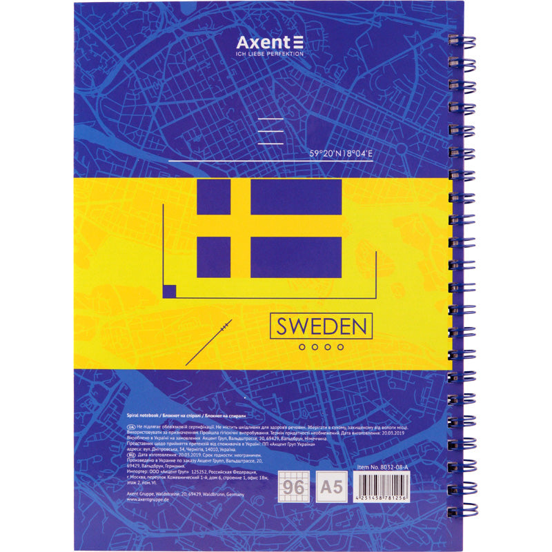Spiral notebook Axent Flags Stockholm 8032-08-A, A5, 96 sheets, hard cover