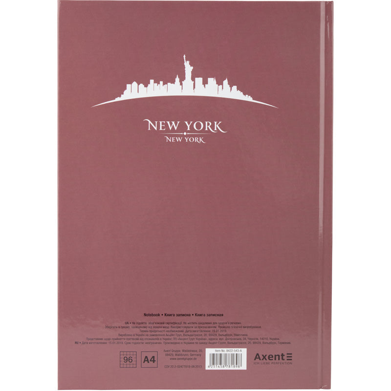 Notes Axent Maps New York 8422-543-A, А4, 96 kartek, kratka, różowo-brązowy