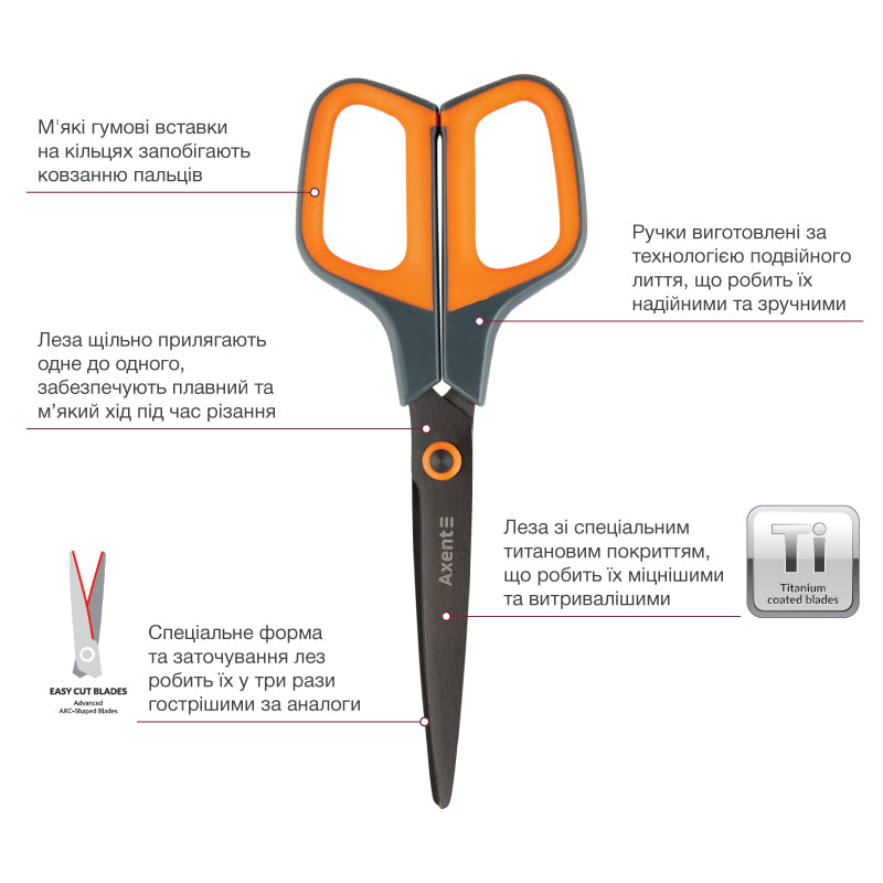 Office scissors Axent Titanium 6306-06-A, 19 cm, grey-orange