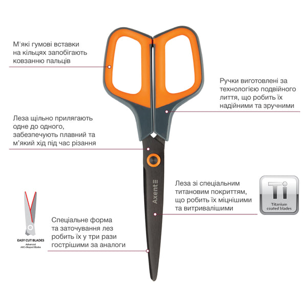 Office scissors Axent Titanium 6306-06-A, 19 cm, grey-orange