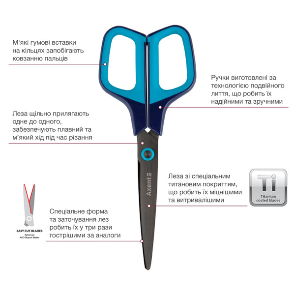 Office scissors Axent Titanium 6306-16-A, 19 cm, blue-turquoise