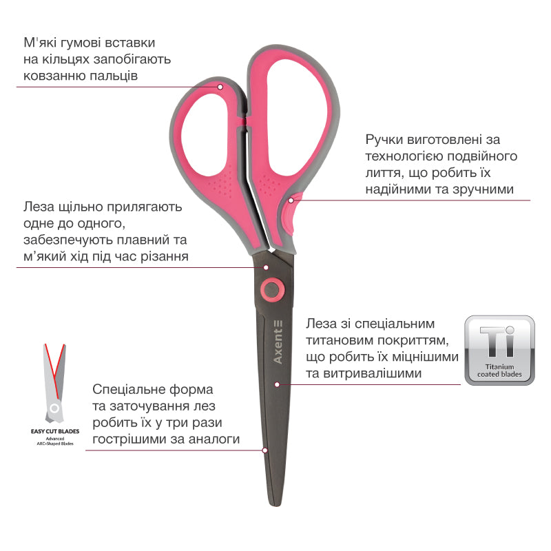 Office scissors Axent Titanium Lite 6406-02-A, 19 cm, grey-pink
