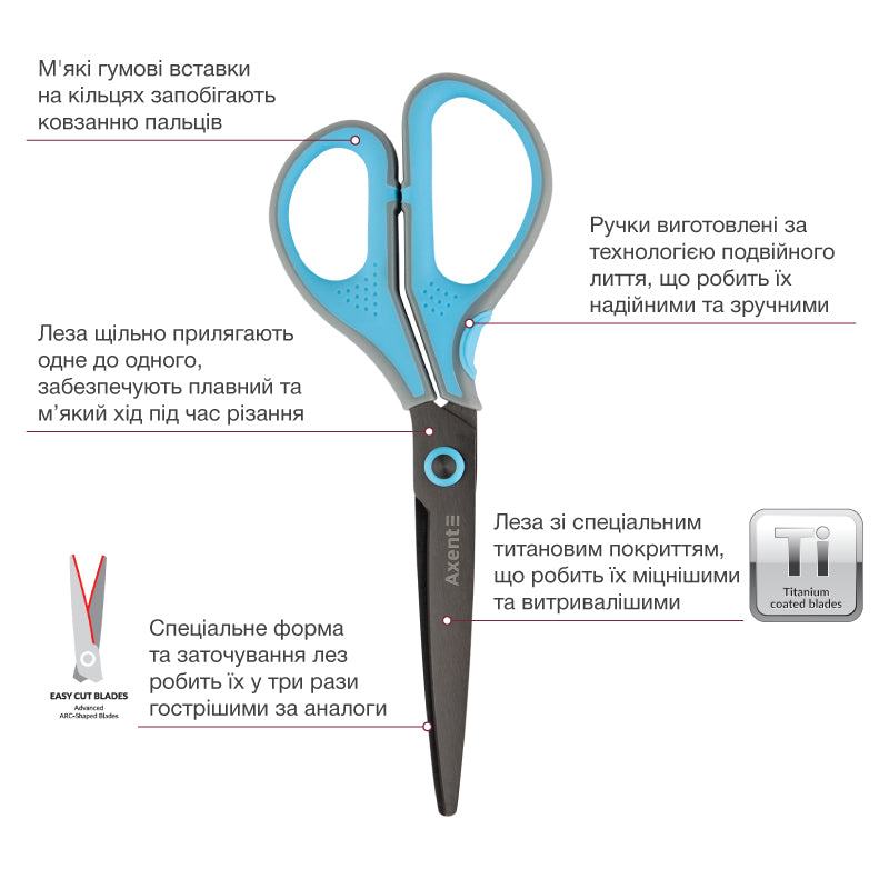 Office scissors Axent Titanium Lite 6406-05-A, 19 cm, grey-blue