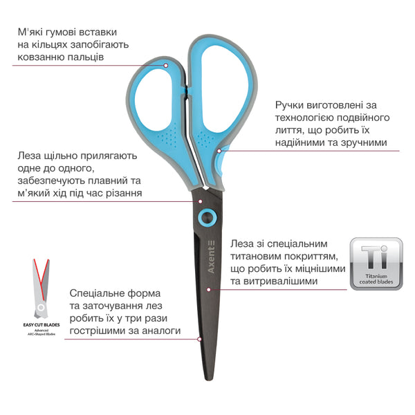 Office scissors Axent Titanium Lite 6406-05-A, 19 cm, grey-blue