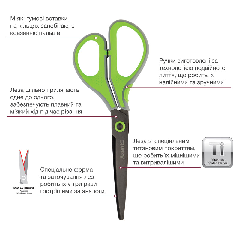 Office scissors Axent Titanium Lite 6406-09-A, 19 cm, grey-green