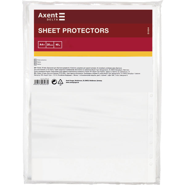 Sheet protector Delta D1004-20, A4+, transperent, 40 mcm, Glossy (20 pcs)