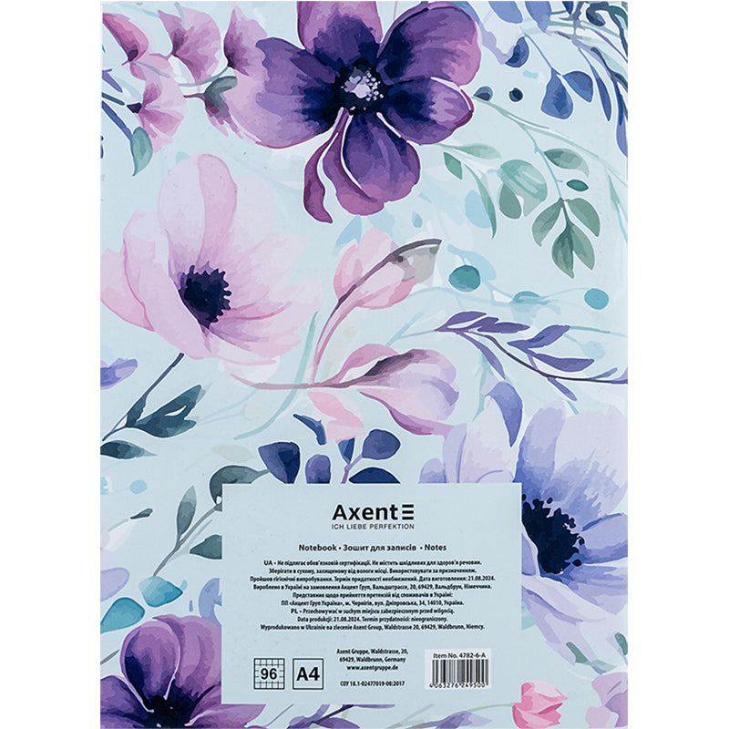 Notebook for notes Axent 4782-6-A, А4, 96 sheets, squared, Purple Garden