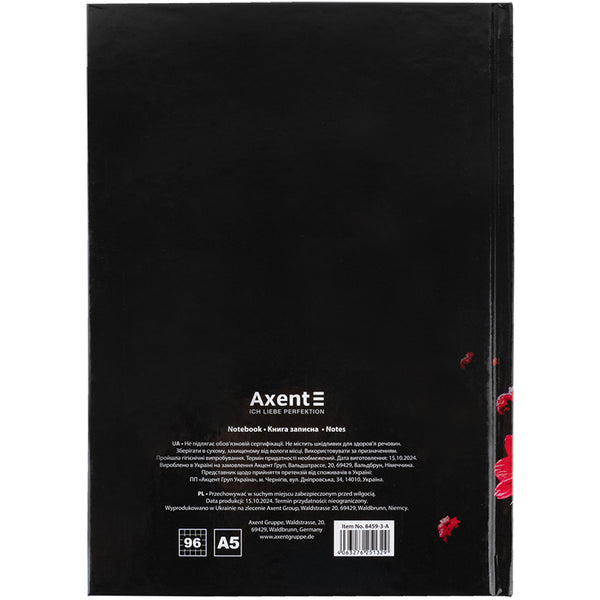 Notebook Axent Red fleur 8459-3-A, А5, 96 sheets, squared, hard cover