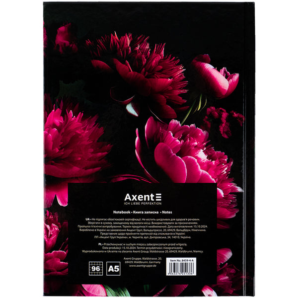 Notebook Axent Crimson fleur 8459-4-A, А5, 96 sheets, squared, hard cover