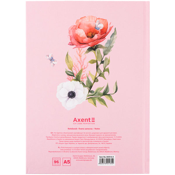 Notebook Axent Love 8459-6-A, А5, 96 sheets, squared, hard cover