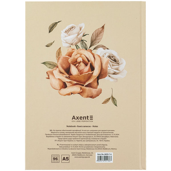 Notebook Axent Beauty 8459-7-A, А5, 96 sheets, squared, hard cover